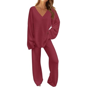 MEROKEETY Women’s Fall Fleece 2 Piece Outfits Pajama Lounge Sets(Wine)