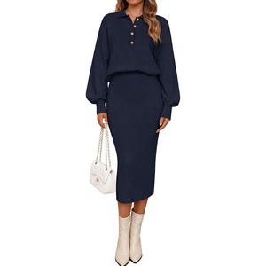 MEROKEETY Women’s Fall Long Sleeve Bodycon Midi Sweater Dress(Navy)