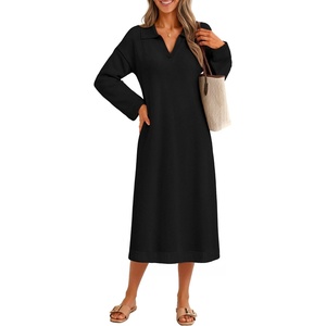 MEROKEETY Women’s Fall Long Sleeve Midi Sweater Dress V Neck Knit Dresses(Black)