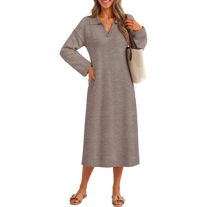 MEROKEETY Women’s Fall Long Sleeve Midi Sweater Dress V Neck Knit Dresses(Camel)