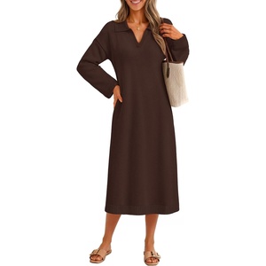 MEROKEETY Women’s Fall Long Sleeve Midi Sweater Dress V Neck Knit Dresses(Coffee)