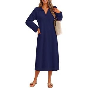 MEROKEETY Women’s Fall Long Sleeve Midi Sweater Dress V Neck Knit Dresses(Navy)