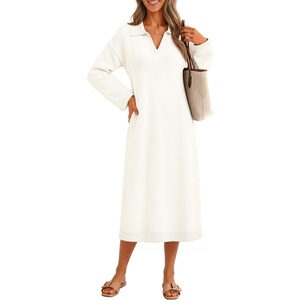 MEROKEETY Women’s Fall Long Sleeve Midi Sweater Dress V Neck Knit Dresses(White)