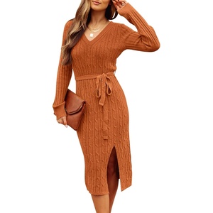 MEROKEETY Womens Fall Long Sleeve V Neck Cable Knit Midi Sweater Dress 2026(Brick)