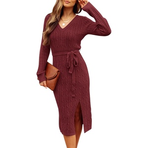 MEROKEETY Womens Fall Long Sleeve V Neck Cable Knit Midi Sweater Dress 2026(Burgundy)