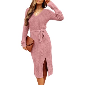 MEROKEETY Womens Fall Long Sleeve V Neck Cable Knit Midi Sweater Dress 2026(Dustypink)