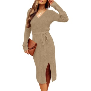 MEROKEETY Womens Fall Long Sleeve V Neck Cable Knit Midi Sweater Dress 2026(Khaki)