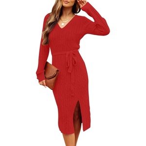 MEROKEETY Womens Fall Long Sleeve V Neck Cable Knit Midi Sweater Dress 2026(Red)