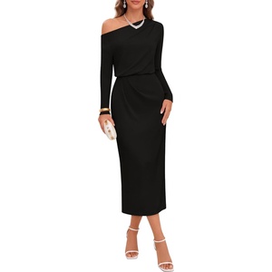 MEROKEETY Women’s Fall Off Shoulder Long Sleeve Wedding Guest Midi Dress(Black)
