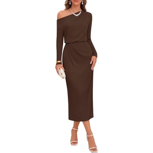 MEROKEETY Women’s Fall Off Shoulder Long Sleeve Wedding Guest Midi Dress(Coffee)