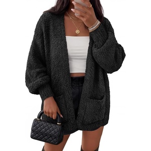 MEROKEETY Women’s Fuzzy Popcorn Oversized Sherpa Chenille Cardigan Sweaters(Black)
