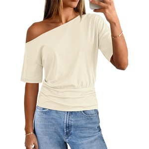 MEROKEETY Women’s Off The Shoulder Summer Short Sleeve Going Out Y2k Tops(Beige)