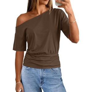 MEROKEETY Women’s Off The Shoulder Summer Short Sleeve Going Out Y2k Tops(Brown)