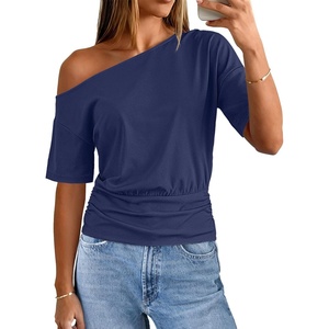 MEROKEETY Women’s Off The Shoulder Summer Short Sleeve Going Out Y2k Tops(Navy)