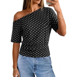 MEROKEETY Women’s Off The Shoulder Summer Short Sleeve Going Out Y2k Tops(Polkadot-black)