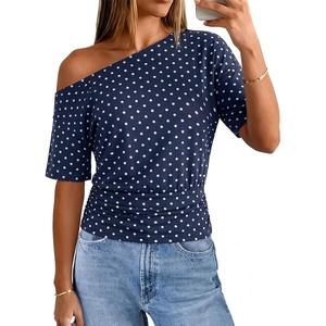 MEROKEETY Women’s Off The Shoulder Summer Short Sleeve Going Out Y2k Tops(Polkadot-navy)