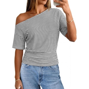 MEROKEETY Women’s Off The Shoulder Summer Short Sleeve Going Out Y2k Tops(Stripedblack)