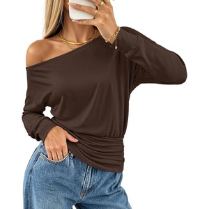 MEROKEETY Women’s Off The Shoulder Tops Long Sleeve Fall Going Out Shirts(Chocolate)