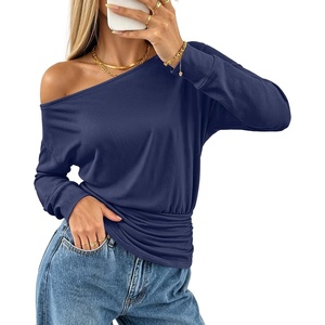 MEROKEETY Women’s Off The Shoulder Tops Long Sleeve Fall Going Out Shirts(Navy)