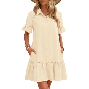 MEROKEETY Women’s Summer Casual Tshirt Dress Button Down Shift Mini Dresses(Beige)
