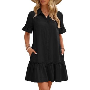 MEROKEETY Women’s Summer Casual Tshirt Dress Button Down Shift Mini Dresses(Black)