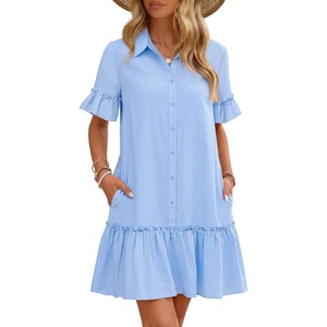 MEROKEETY Women’s Summer Casual Tshirt Dress Button Down Shift Mini Dresses(Blue)