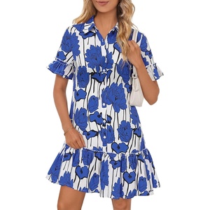MEROKEETY Women’s Summer Casual Tshirt Dress Button Down Shift Mini Dresses(Floral Blue)