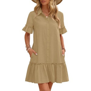 MEROKEETY Women’s Summer Casual Tshirt Dress Button Down Shift Mini Dresses(Khaki)