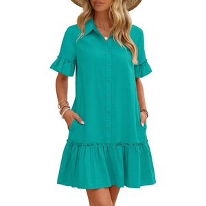 MEROKEETY Women’s Summer Casual Tshirt Dress Button Down Shift Mini Dresses(Lake Green)