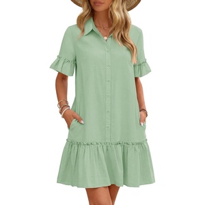 MEROKEETY Women’s Summer Casual Tshirt Dress Button Down Shift Mini Dresses(Light Green)