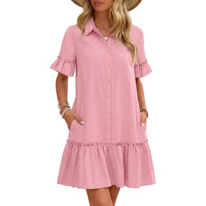MEROKEETY Women’s Summer Casual Tshirt Dress Button Down Shift Mini Dresses(Pink)