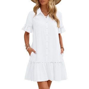 MEROKEETY Women’s Summer Casual Tshirt Dress Button Down Shift Mini Dresses(White)
