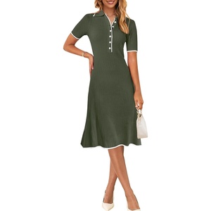 MEROKEETY Womens Summer Ribbed Work V Neck Bodycon Midi Dress 2026(Armygreen)