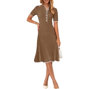 MEROKEETY Womens Summer Ribbed Work V Neck Bodycon Midi Dress 2026(Coffee)