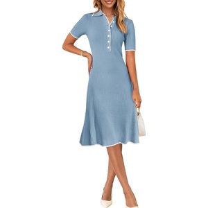MEROKEETY Womens Summer Ribbed Work V Neck Bodycon Midi Dress 2026(Grey Blue)
