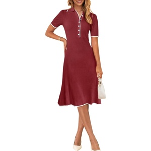 MEROKEETY Womens Summer Ribbed Work V Neck Bodycon Midi Dress 2026(Winered)