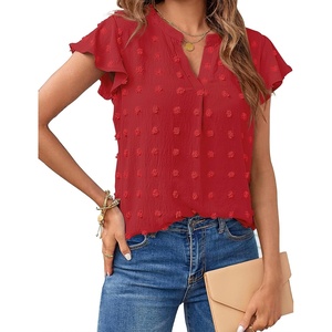 MEROKEETY Womens Summer Ruffle Sleeve V Neck Blouse Casual Shirts(Red)