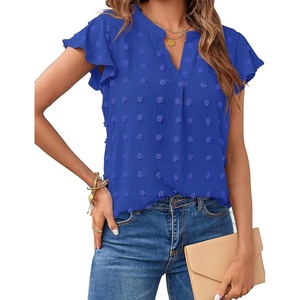 MEROKEETY Womens Summer Ruffle Sleeve V Neck Blouse Casual Shirts(Royal)