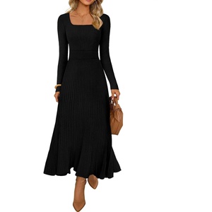 MEROKEETY Women’s Sweater Dress Fall Winter Church Midi Dresses(Black)