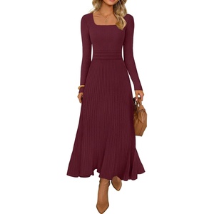MEROKEETY Women’s Sweater Dress Fall Winter Church Midi Dresses(Burgundy)