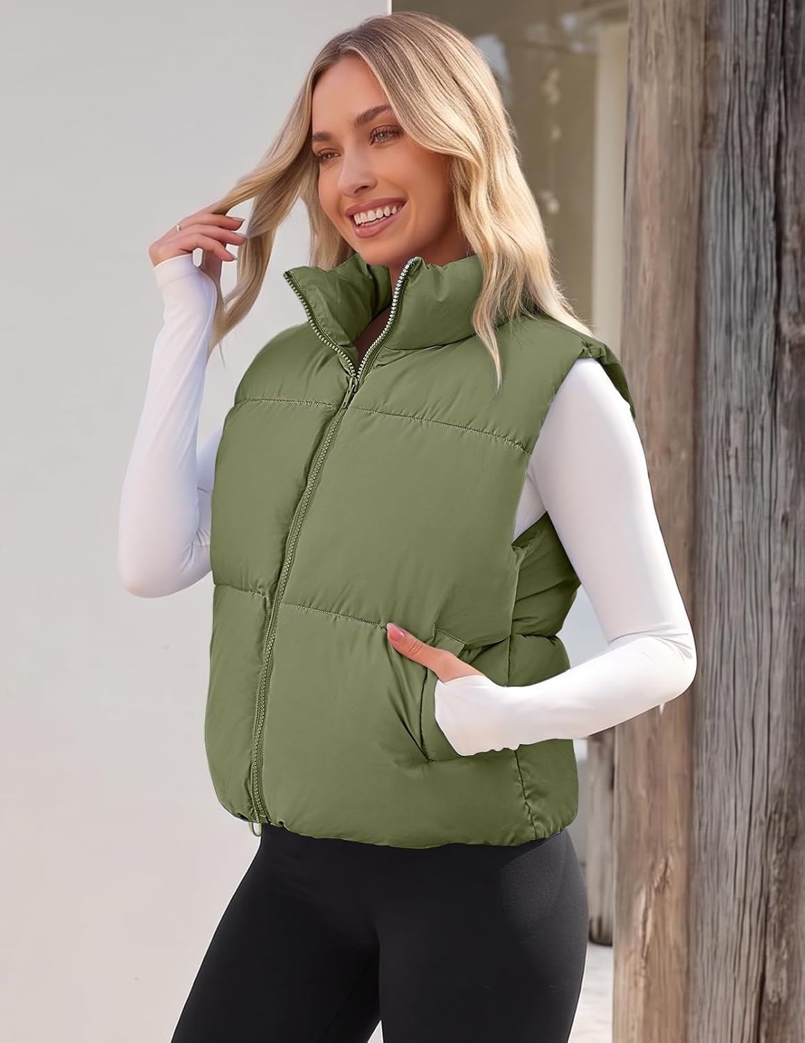 image:imageMEROKEETY Puffer Vest Women 2026 Fall Winter Sleeveless CoatArmygreen