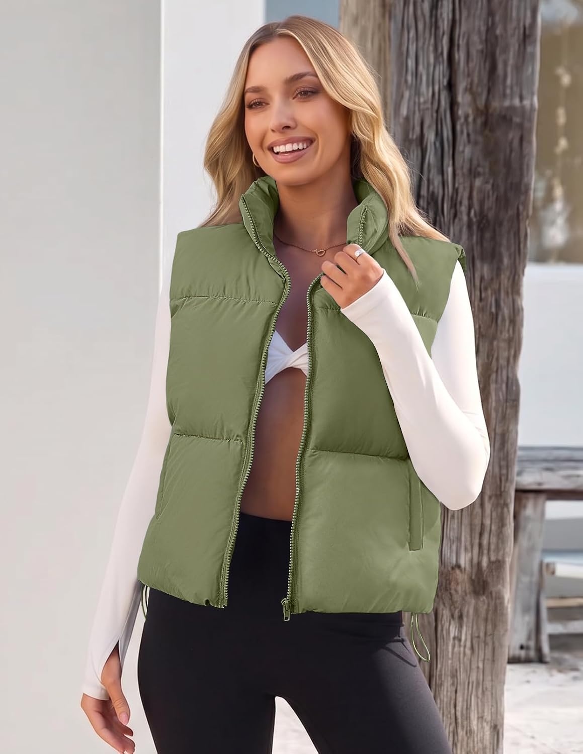 image:imageMEROKEETY Puffer Vest Women 2026 Fall Winter Sleeveless CoatArmygreen
