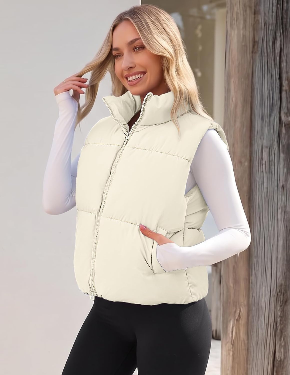 image:imageMEROKEETY Puffer Vest Women 2026 Fall Winter Sleeveless CoatBeige