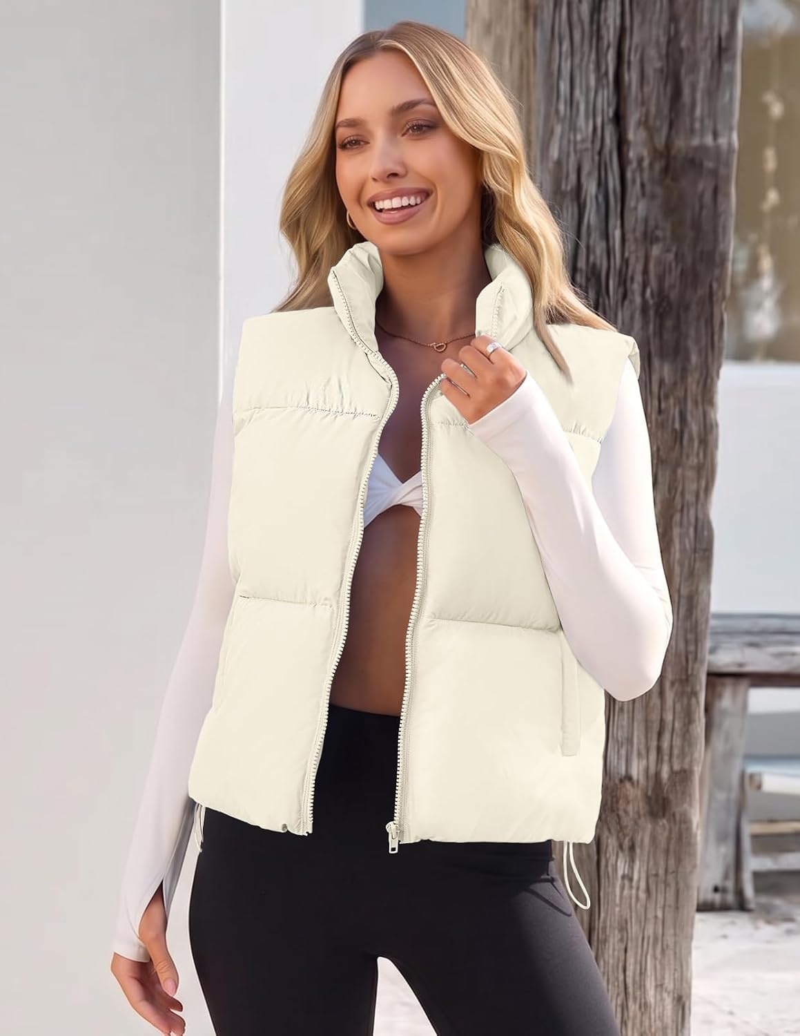 image:imageMEROKEETY Puffer Vest Women 2026 Fall Winter Sleeveless CoatBeige