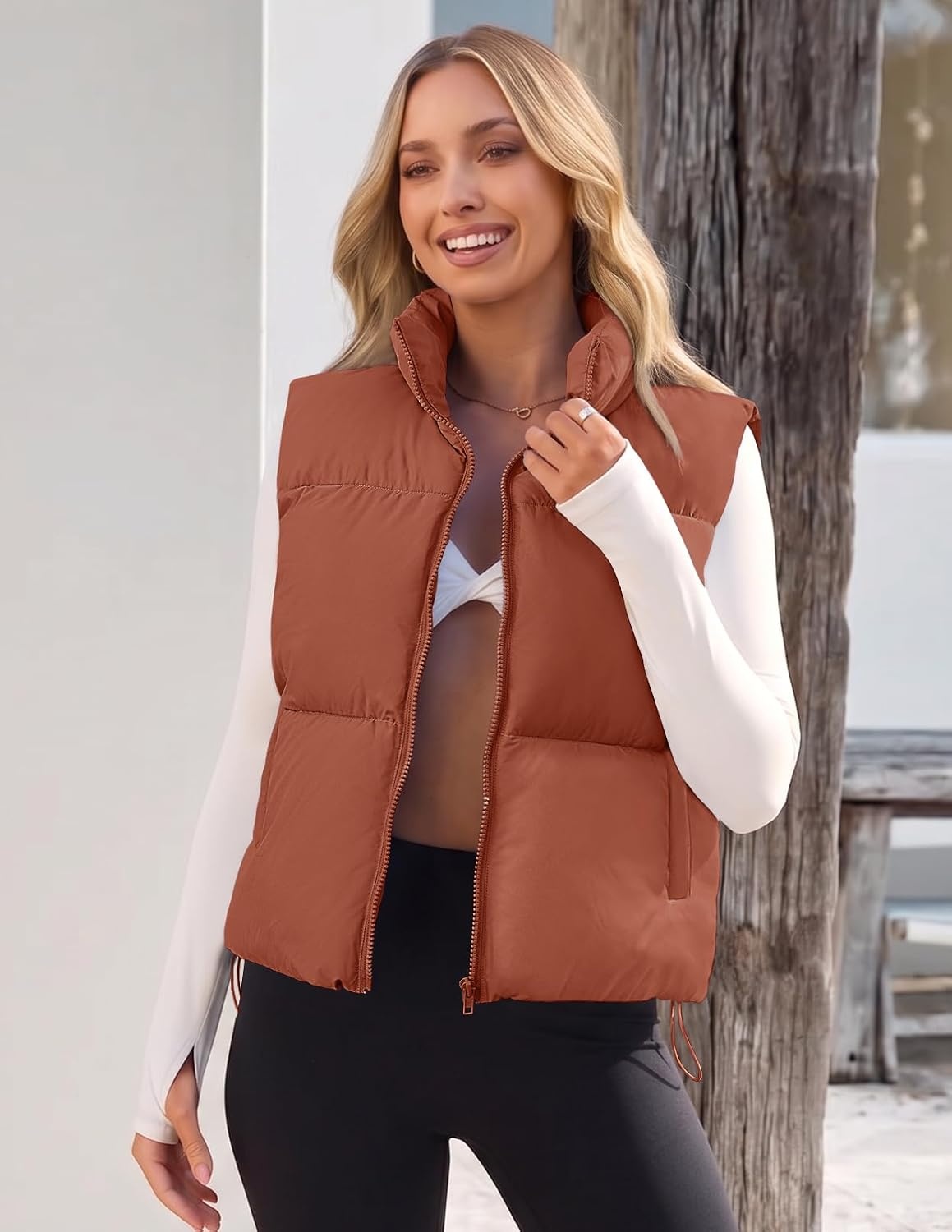 image:imageMEROKEETY Puffer Vest Women 2026 Fall Winter Sleeveless CoatBrown