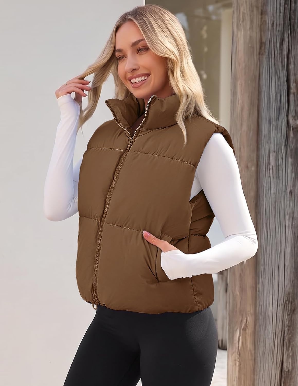 image:imageMEROKEETY Puffer Vest Women 2026 Fall Winter Sleeveless CoatCoffee