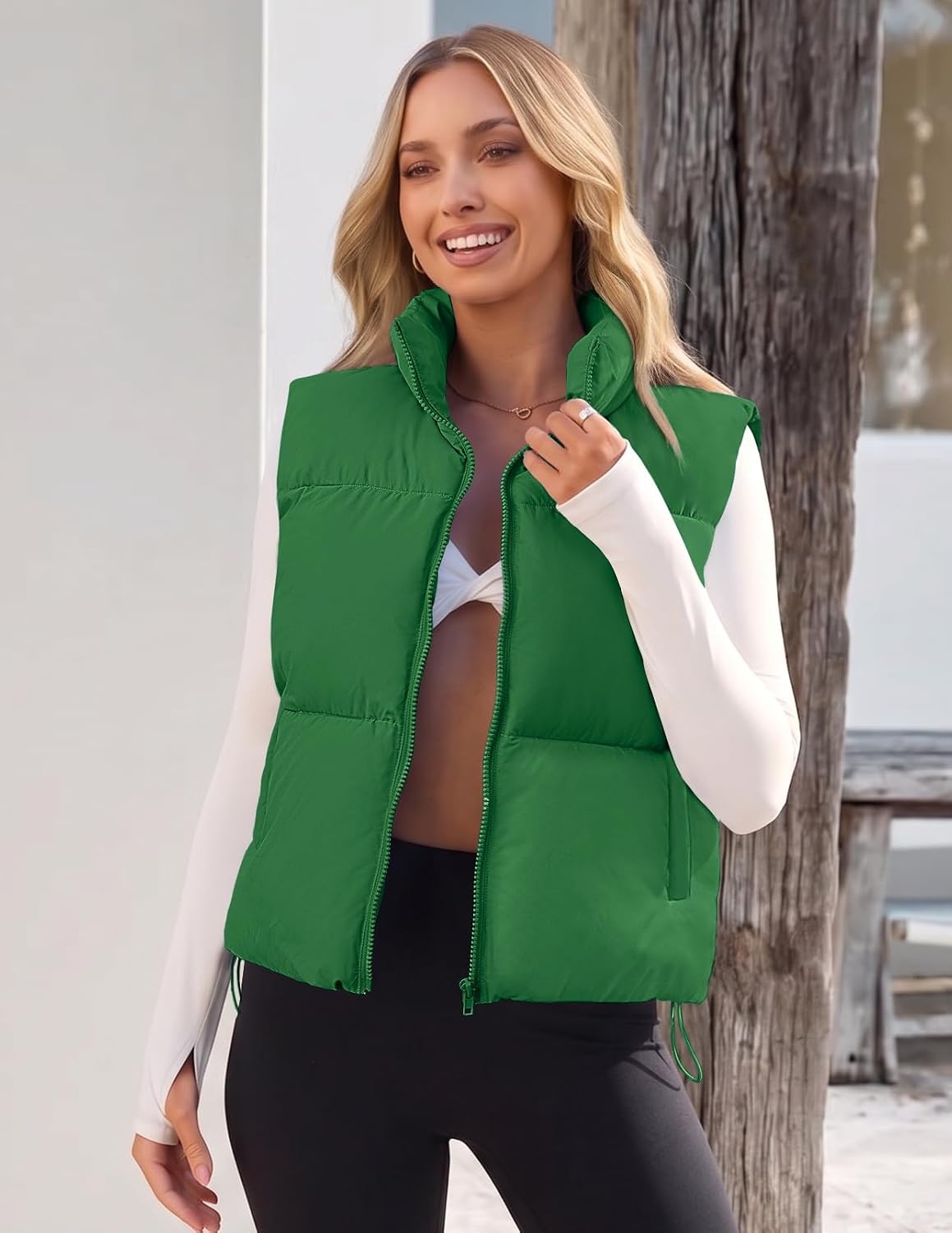 image:imageMEROKEETY Puffer Vest Women 2026 Fall Winter Sleeveless CoatGreen