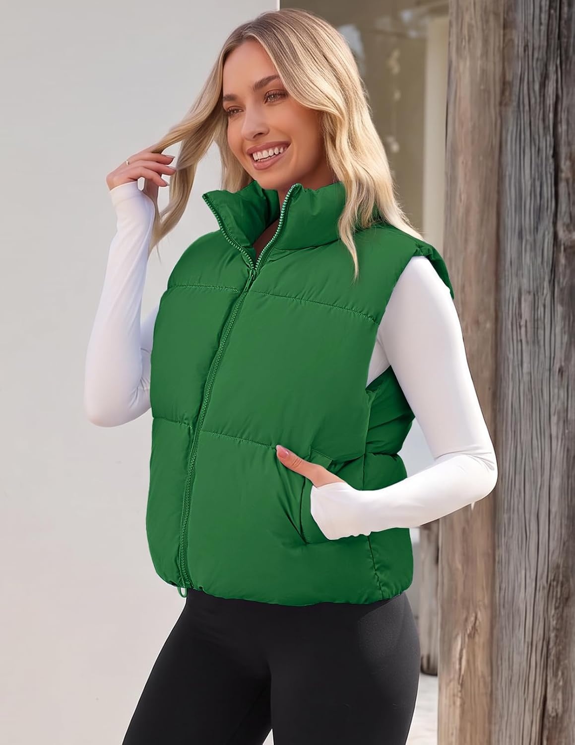 image:imageMEROKEETY Puffer Vest Women 2026 Fall Winter Sleeveless CoatGreen