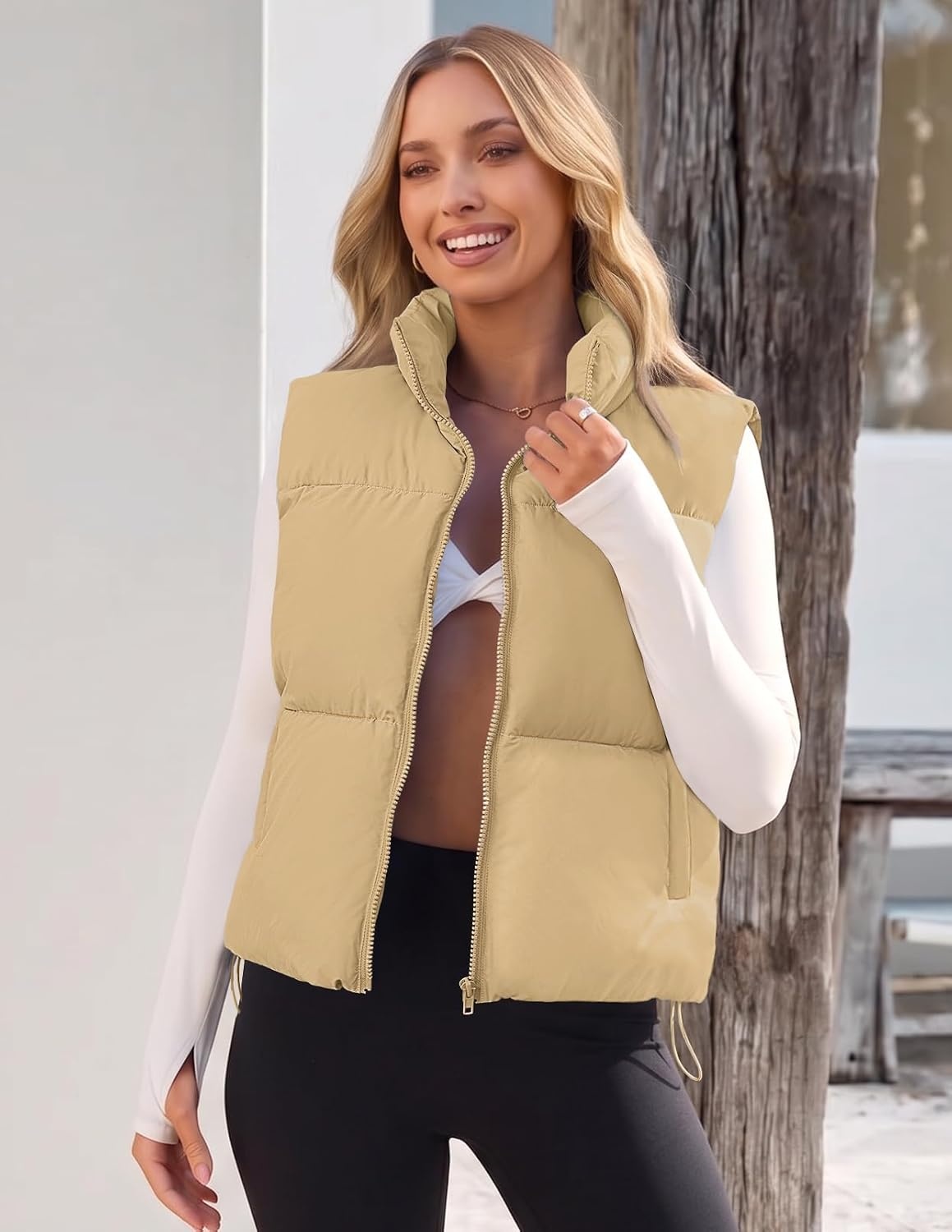 image:imageMEROKEETY Puffer Vest Women 2026 Fall Winter Sleeveless CoatKhaki