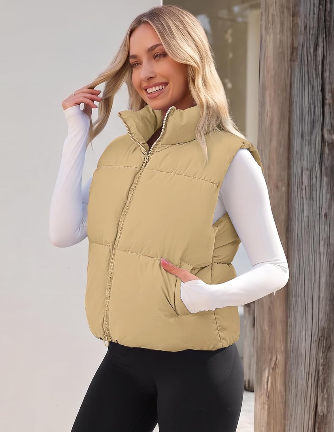image:imageMEROKEETY Puffer Vest Women 2026 Fall Winter Sleeveless CoatKhaki